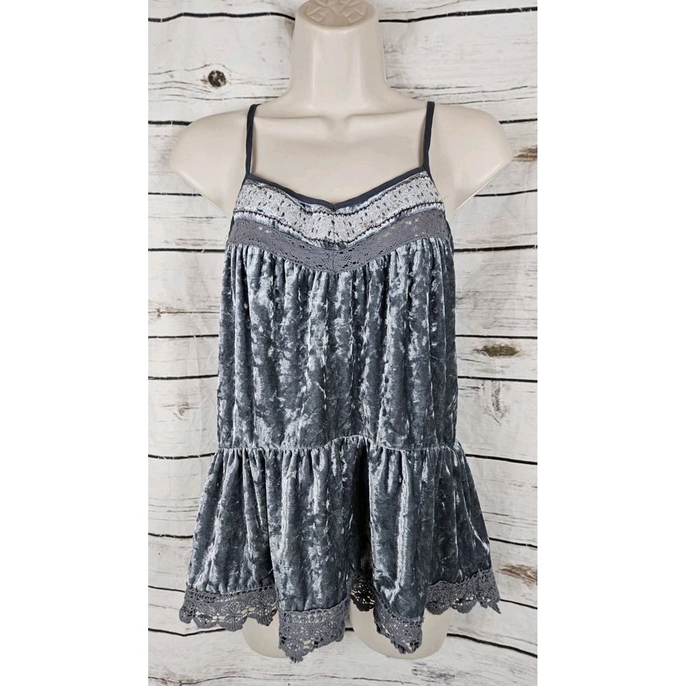 Vintage 90's Fairy Grunge Crushed Velvet Peplum Tank Top M Y2K Crochet Trim